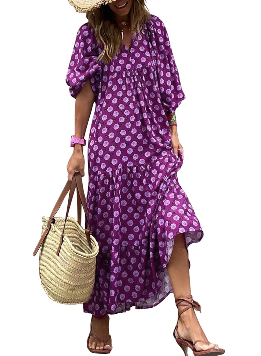 Like™ - Damen Puffarmel Geometrische Bohemian Maxikleider