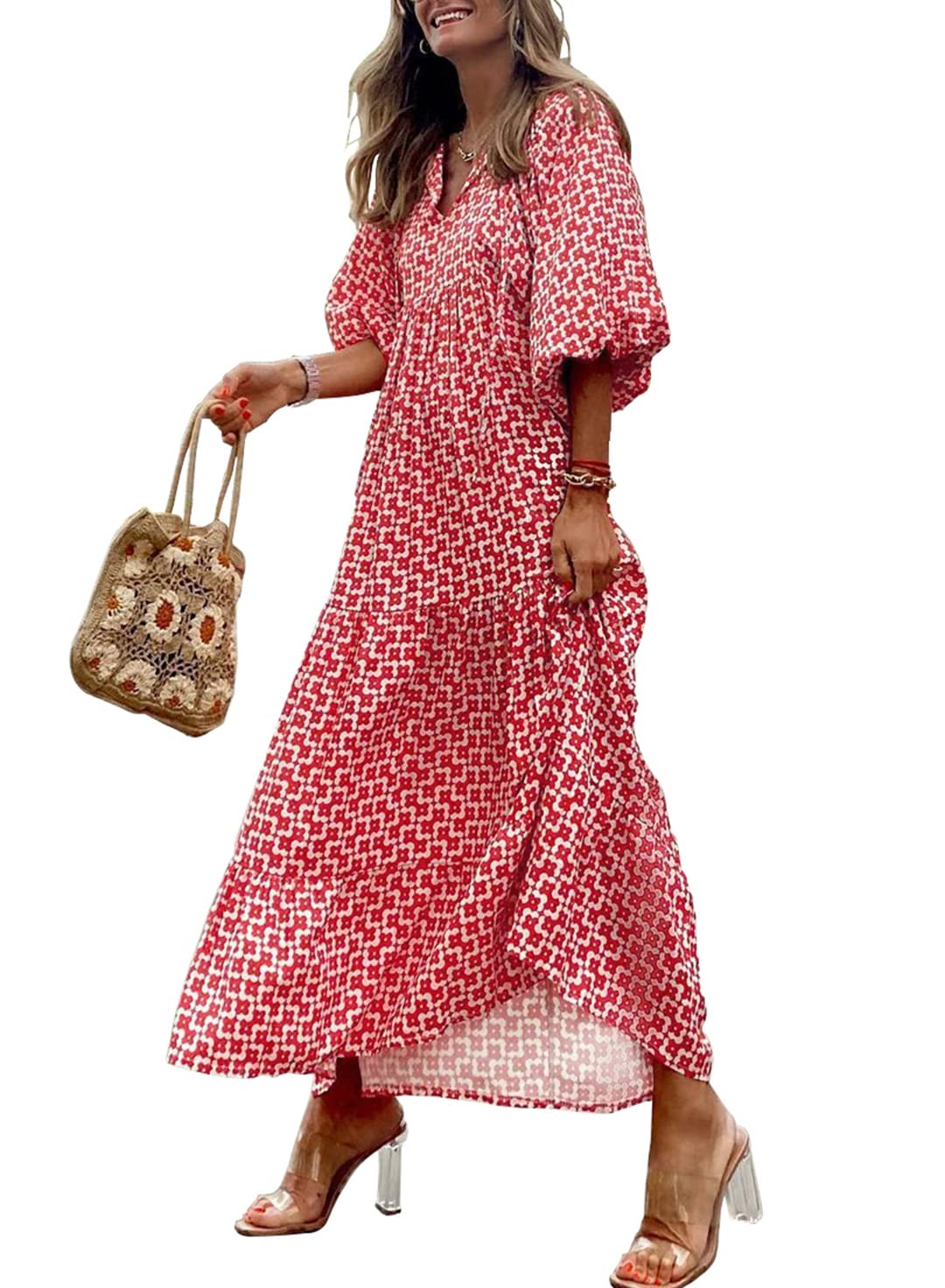 Like™ - Damen Puffarmel Geometrische Bohemian Maxikleider