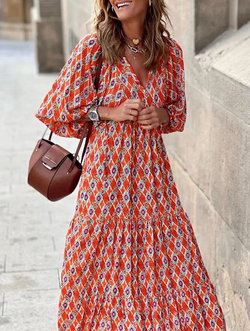 Like™ - Damen Puffarmel Geometrische Bohemian Maxikleider