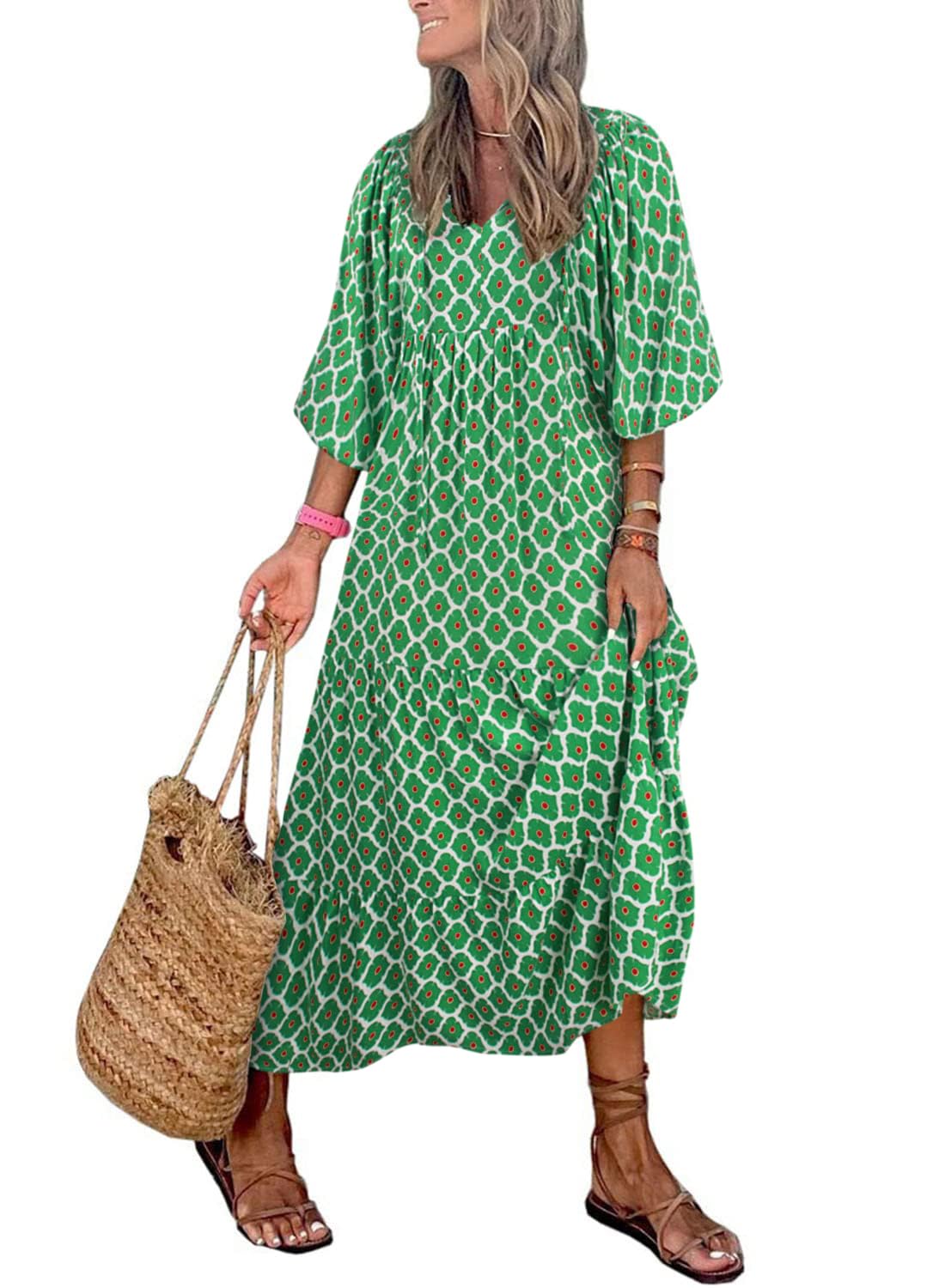 Like™ - Damen Puffarmel Geometrische Bohemian Maxikleider