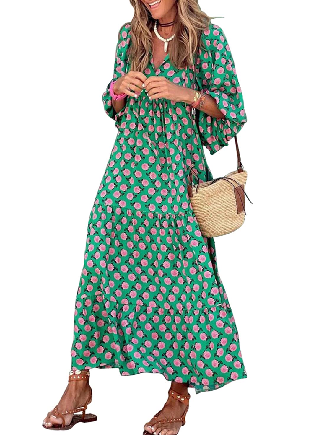 Like™ - Damen Puffarmel Geometrische Bohemian Maxikleider