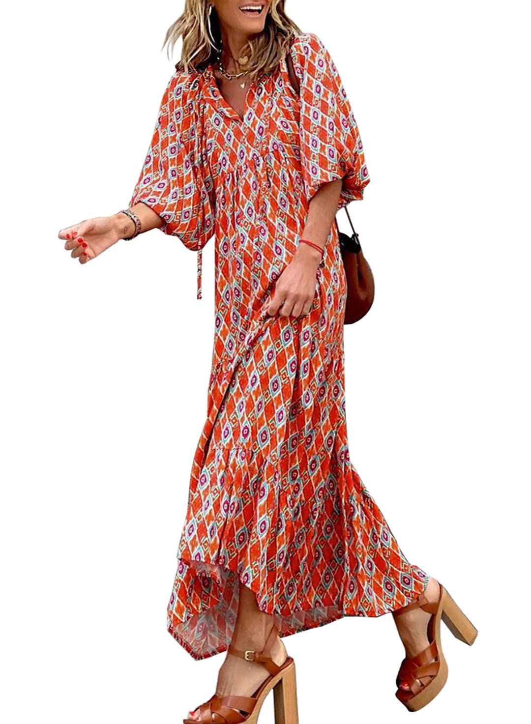 Like™ - Damen Puffarmel Geometrische Bohemian Maxikleider