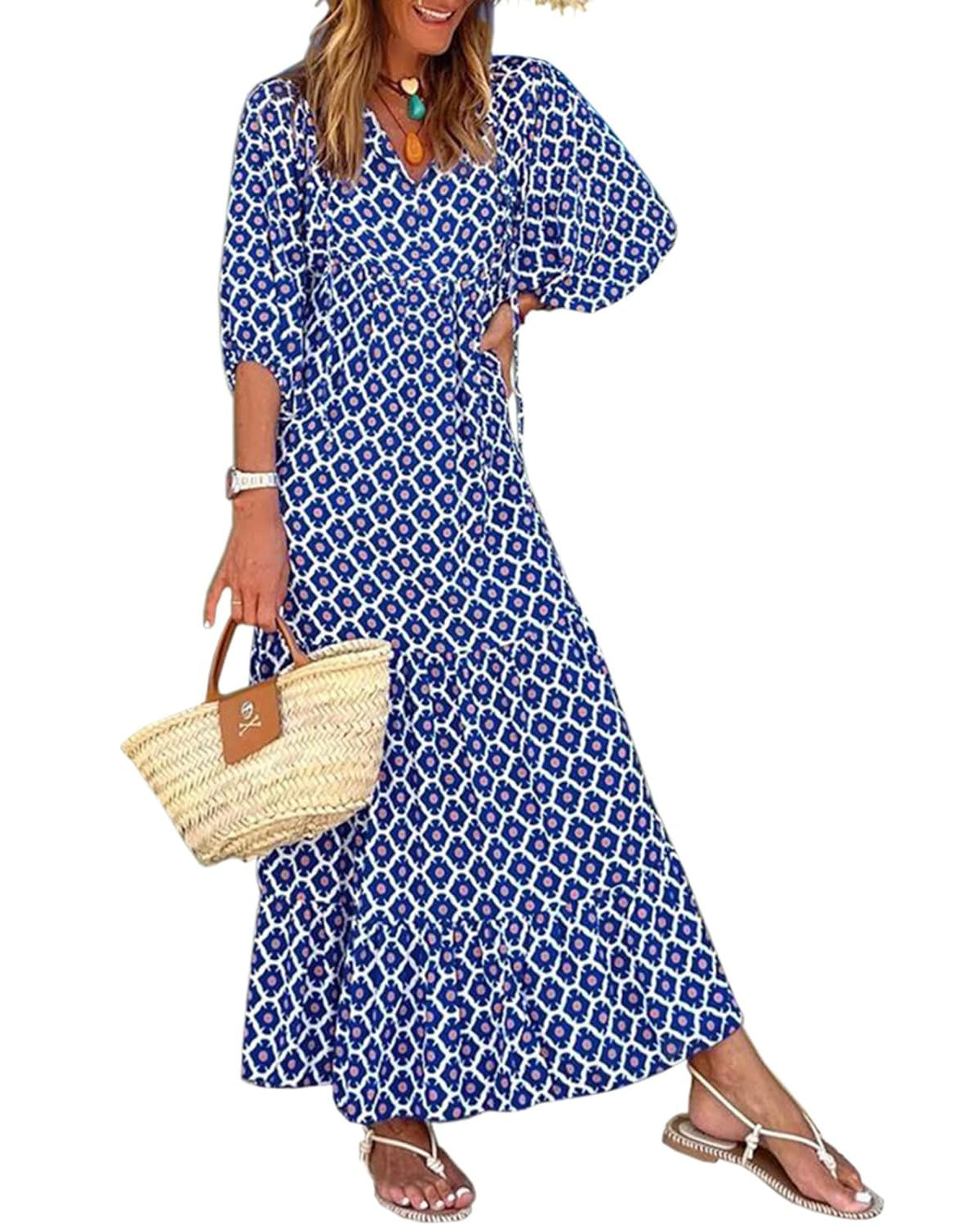 Like™ - Damen Puffarmel Geometrische Bohemian Maxikleider